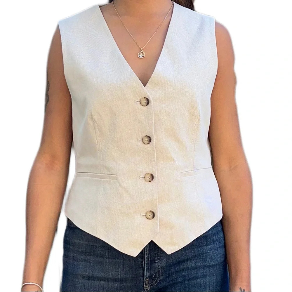 Top Shop Textured Button Up Vest in Cream Women’s Size 8 - Picture 3 of 5